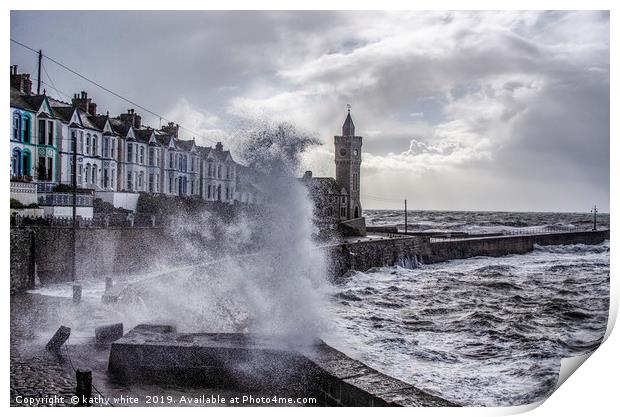  Porthleven Cornwall storm at the clock tower,Port Print by kathy white