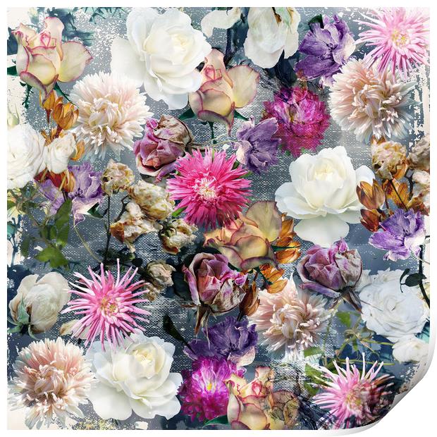 Floral pattern on gray grunge background Print by Larisa Siverina