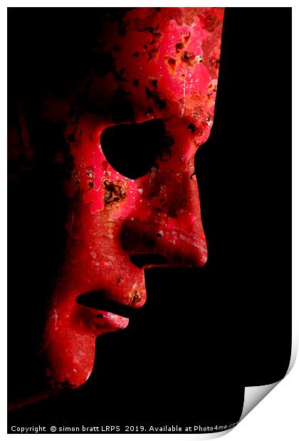 AI robotic face profile close up rusty red Print by Simon Bratt LRPS