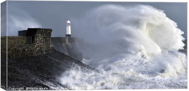 Porthcawl Lighthouse and the Face of Storm Freya. Canvas Print by Philip Veale