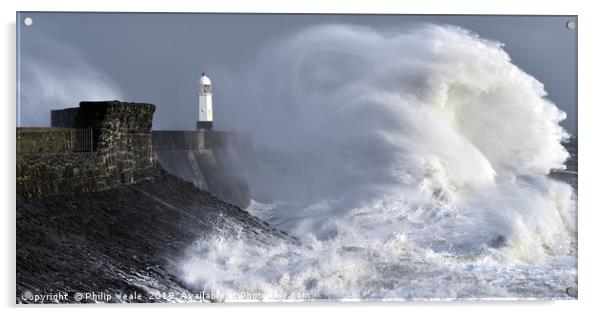 Porthcawl Lighthouse and the Face of Storm Freya. Acrylic by Philip Veale
