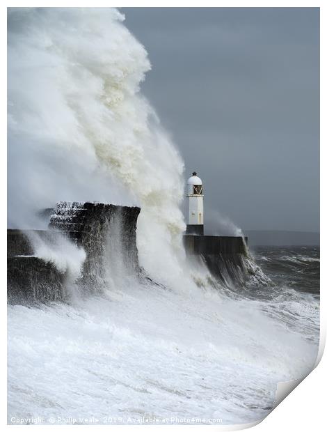 Porthcawl Lighthouse Battles Storm Freya. Print by Philip Veale
