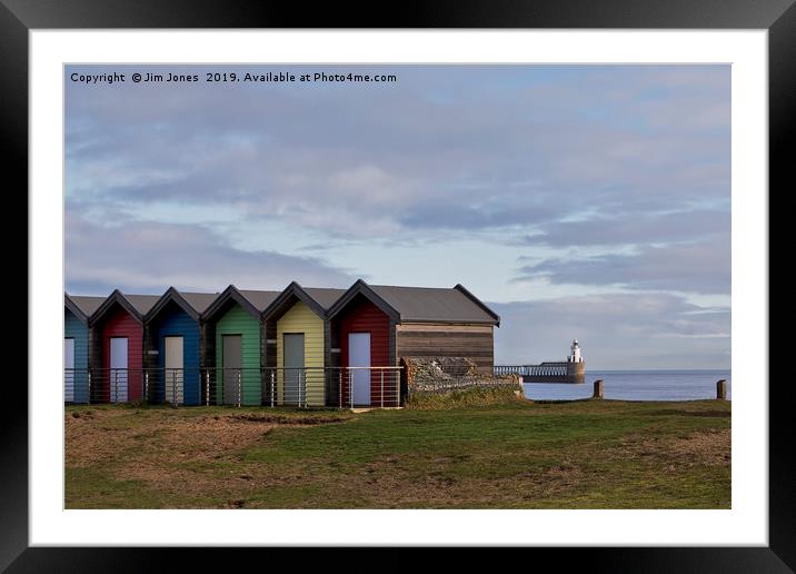 Colourful beach huts at Blyth, Northumberland. Framed Mounted Print by Jim Jones