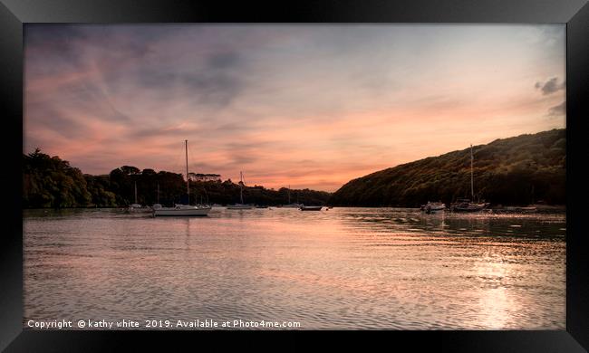 Helford  river Cornwall  at sunset Framed Print by kathy white