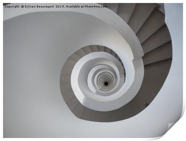 Spiral white staircase, downview Print by Sylvain Beauregard