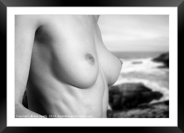 Naked woman against seascape Framed Mounted Print by Ann Spells