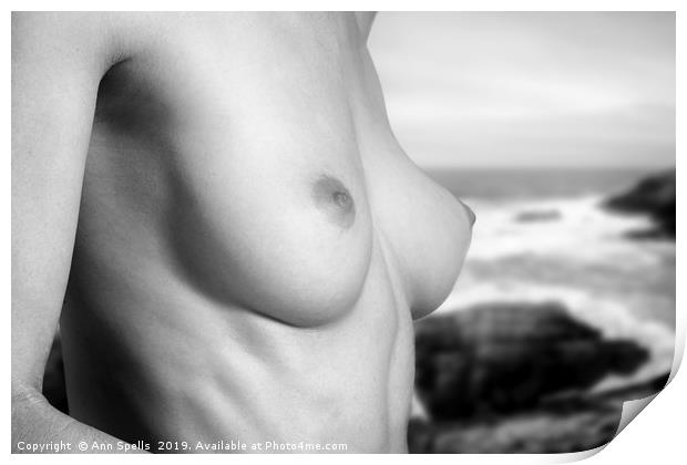 Naked woman against seascape Print by Ann Spells