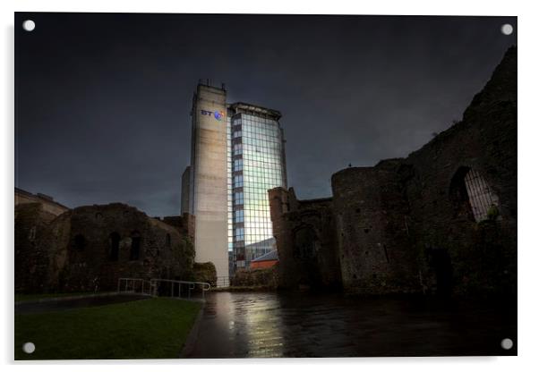 Swansea castle and the BT Tower Acrylic by Leighton Collins