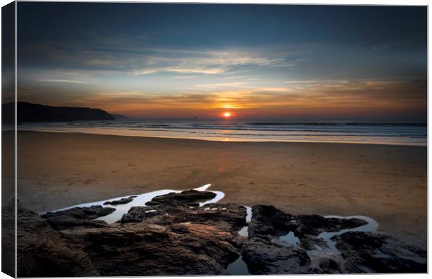 Sunset at Perranporth beach Cornwall Canvas Print by Eddie John