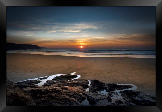Sunset at Perranporth beach Cornwall Framed Print by Eddie John