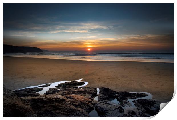 Sunset at Perranporth beach Cornwall Print by Eddie John