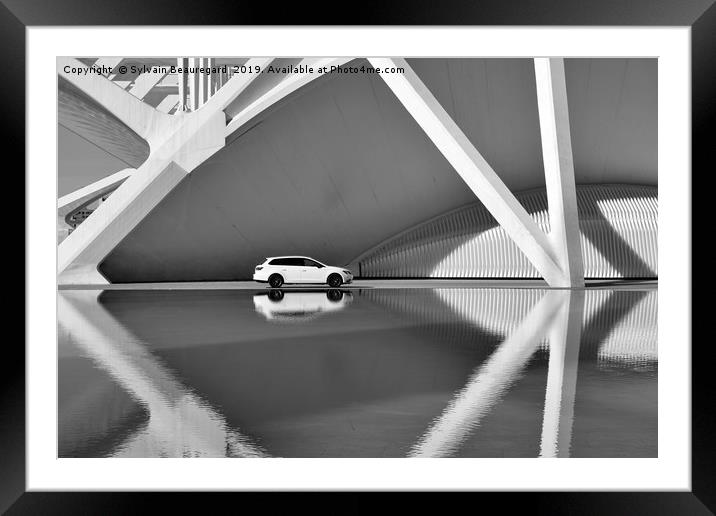 Car and architecture reflection, bw Framed Mounted Print by Sylvain Beauregard