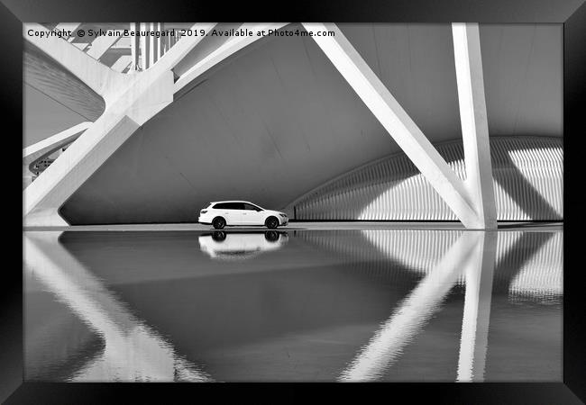 Car and architecture reflection, bw Framed Print by Sylvain Beauregard