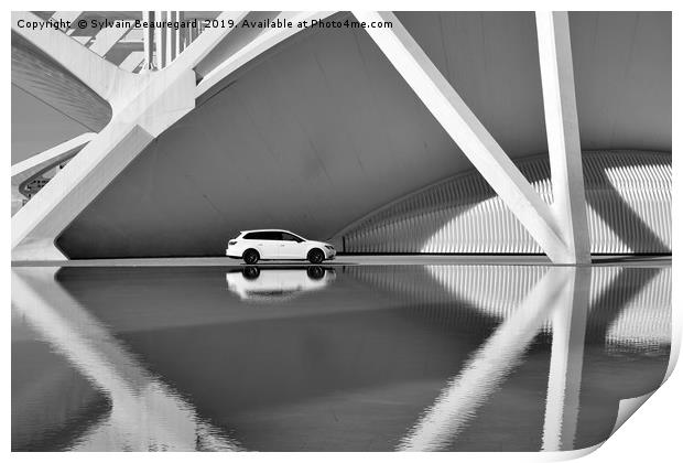 Car and architecture reflection, bw Print by Sylvain Beauregard