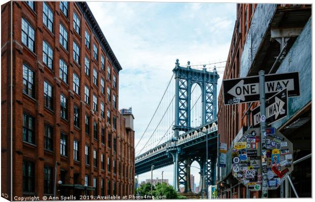 Iconic view of Manhattan Bridge from Brooklyn Canvas Print by Ann Spells
