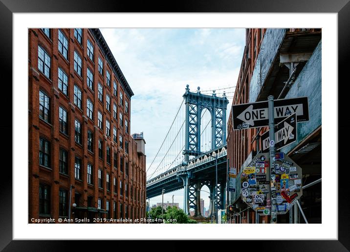 Iconic view of Manhattan Bridge from Brooklyn Framed Mounted Print by Ann Spells