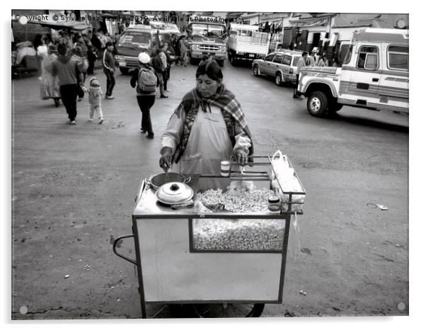 Popcorn street vendor, bw       Acrylic by Sylvain Beauregard