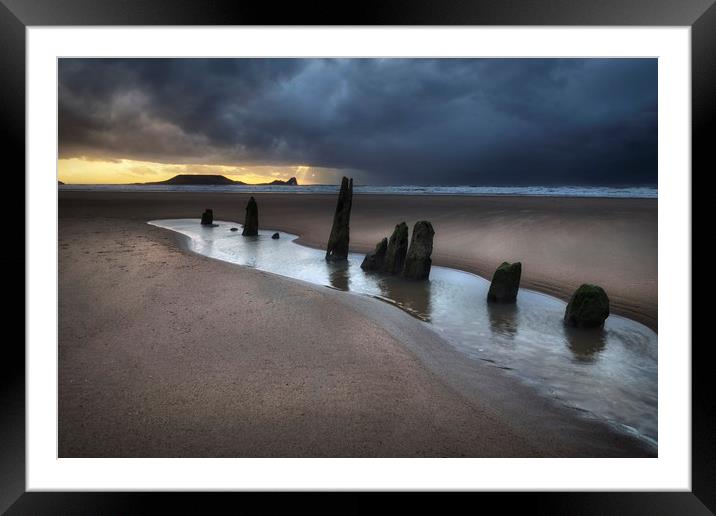 Dramatic sunset at Worms Head and Rhossili Bay Framed Mounted Print by Leighton Collins