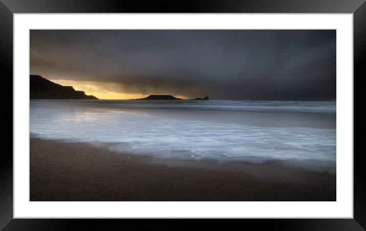 Sunset at Worms Head and Rhossili Bay Framed Mounted Print by Leighton Collins