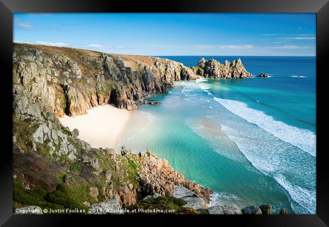 Pedn Vounder beach, Porthcurno, Cornwall Framed Print by Justin Foulkes