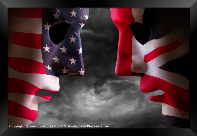 Head to head USA and UK flag faces Framed Print by Simon Bratt LRPS