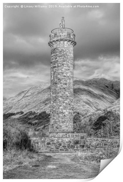 Glenfinnan Memorial, Scotland mono Print by Linsey Williams