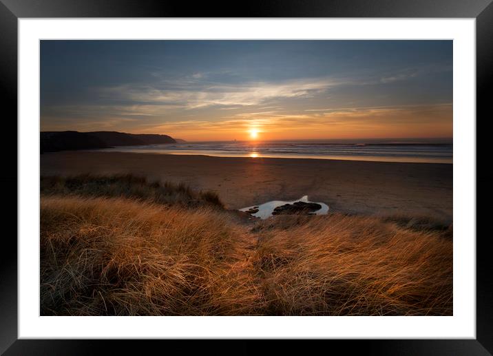 Sunset at Perranporth beach Cornwall Framed Mounted Print by Eddie John