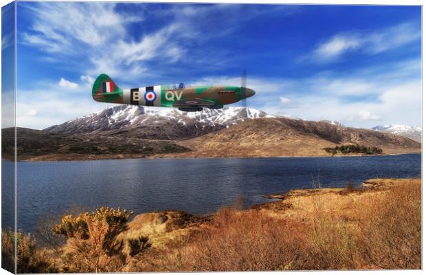 Lone Spitfire over Scottish Highland Loch Canvas Print by Rob Lester