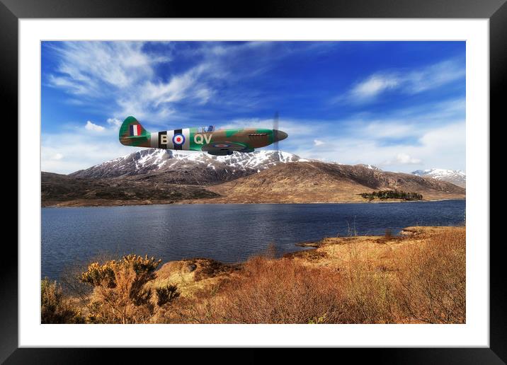 Lone Spitfire over Scottish Highland Loch Framed Mounted Print by Rob Lester