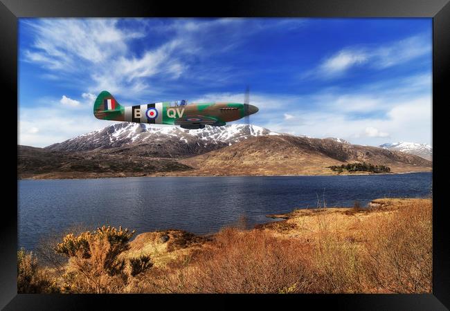 Lone Spitfire over Scottish Highland Loch Framed Print by Rob Lester