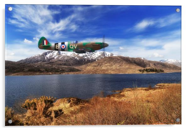 Lone Spitfire over Scottish Highland Loch Acrylic by Rob Lester