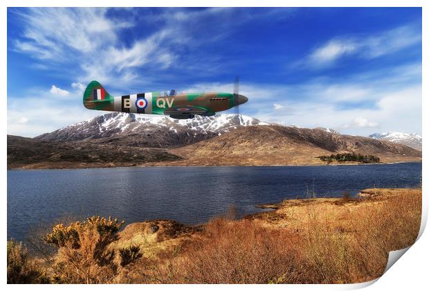 Lone Spitfire over Scottish Highland Loch Print by Rob Lester