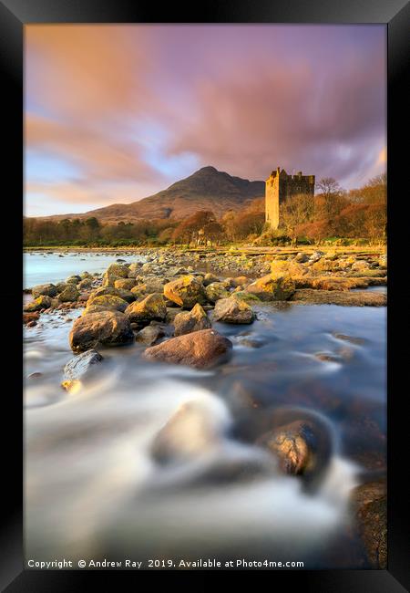 Evening light on Moy Castle (Loch Buie) Framed Print by Andrew Ray
