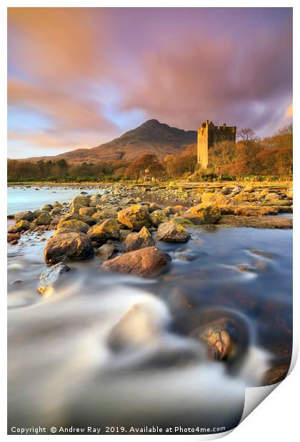Evening light on Moy Castle (Loch Buie) Print by Andrew Ray