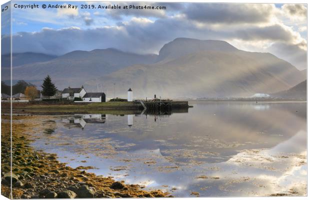 Light shafts on Ben Nevis Canvas Print by Andrew Ray