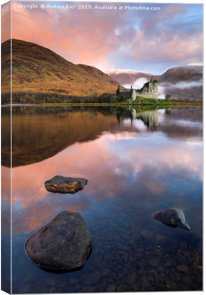 Reflections at sunrise (Kilchurn Castle) Canvas Print by Andrew Ray