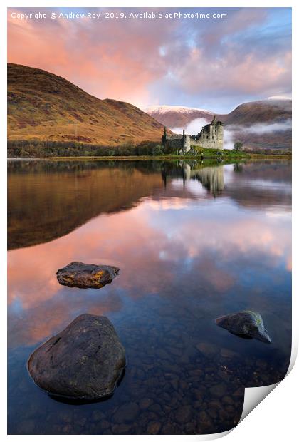 Reflections at sunrise (Kilchurn Castle) Print by Andrew Ray