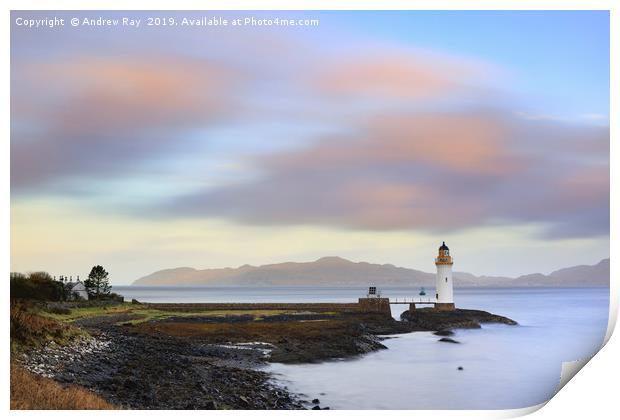 Rubha nan Gall Lighthouse at sunrise Print by Andrew Ray