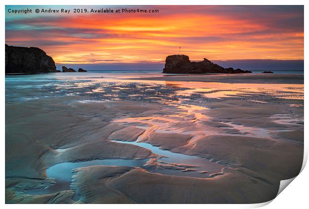 Sand patterns at sunset (Perranporth) Print by Andrew Ray