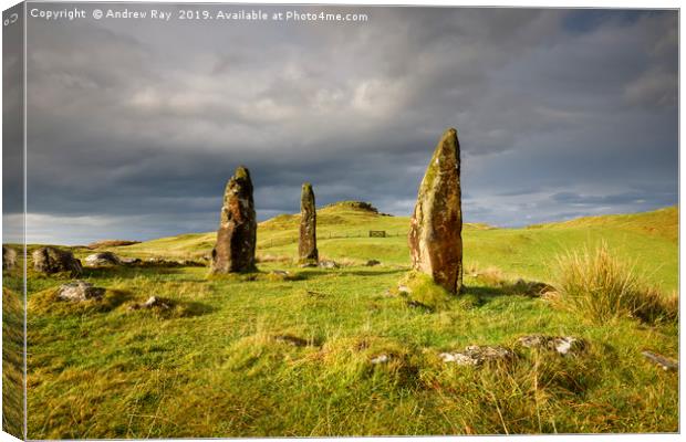 Storm clouds over Glengorm Stone Circle Canvas Print by Andrew Ray