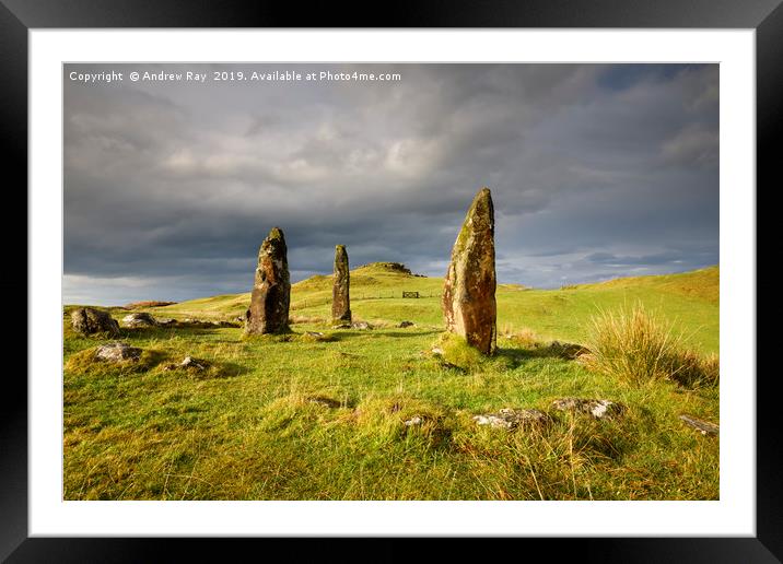 Storm clouds over Glengorm Stone Circle Framed Mounted Print by Andrew Ray