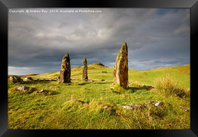 Storm clouds over Glengorm Stone Circle Framed Print by Andrew Ray