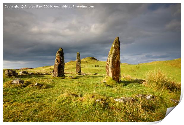 Storm clouds over Glengorm Stone Circle Print by Andrew Ray