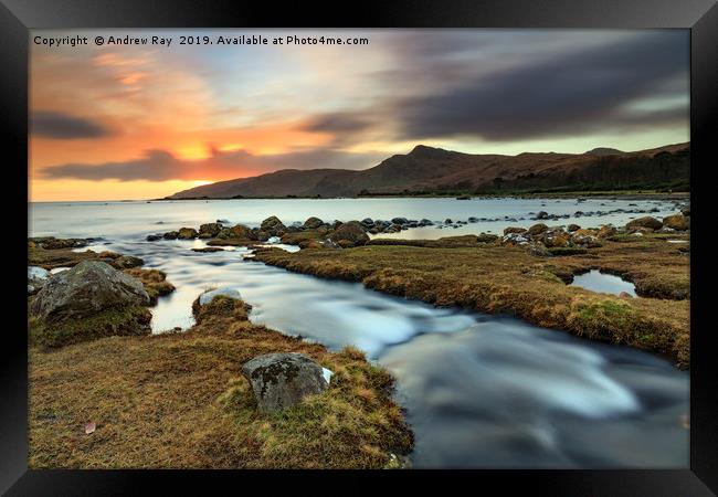 Stream at sunset (Loch Buie) Framed Print by Andrew Ray