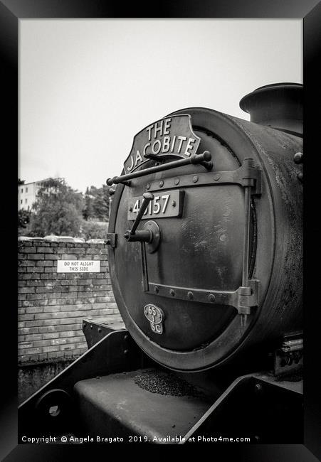 The Jacobite steam train in black and white Framed Print by Angela Bragato