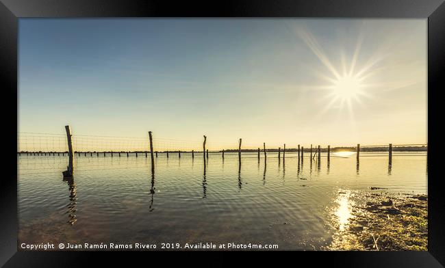 Wooden post and wire fence on a lake Framed Print by Juan Ramón Ramos Rivero
