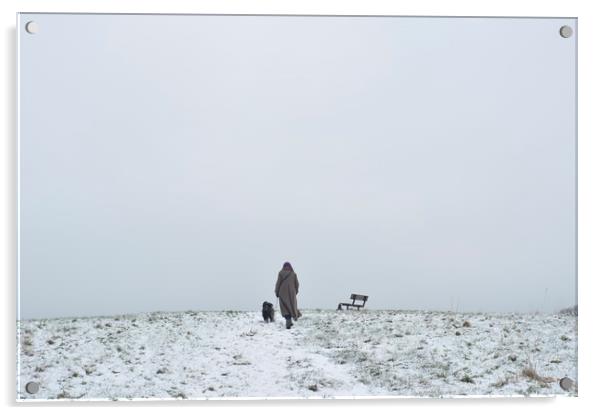 Woman walking a dog at winter time Acrylic by Ian M