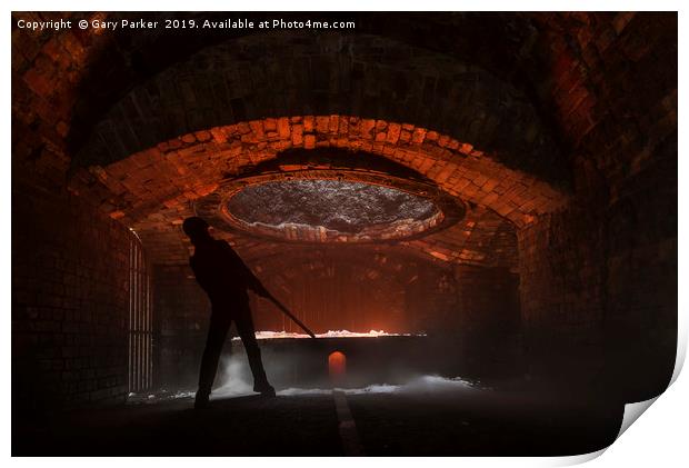 silhouette of iron worker stoking a furnace Print by Gary Parker