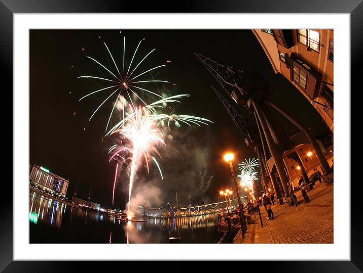 Firework display at Royal Victoria Dock, London Framed Mounted Print by Clare Moran