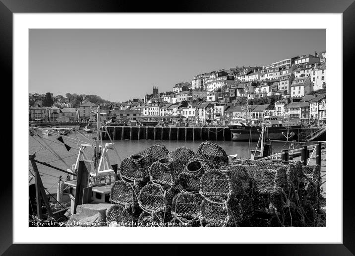 Brixham Harbour with Crab Pots in Monochrome Framed Mounted Print by Paul F Prestidge
